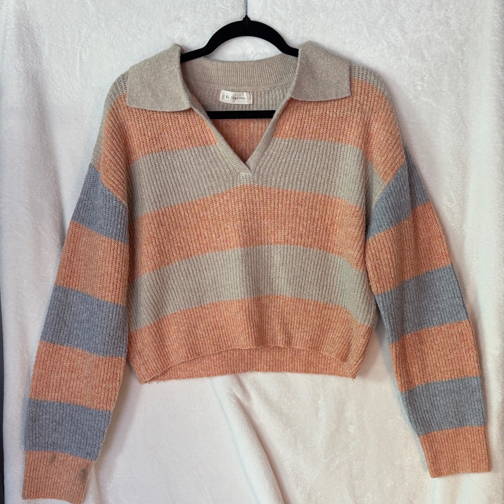 By Together V-Neck Sweater - Peach and Gray Stripes